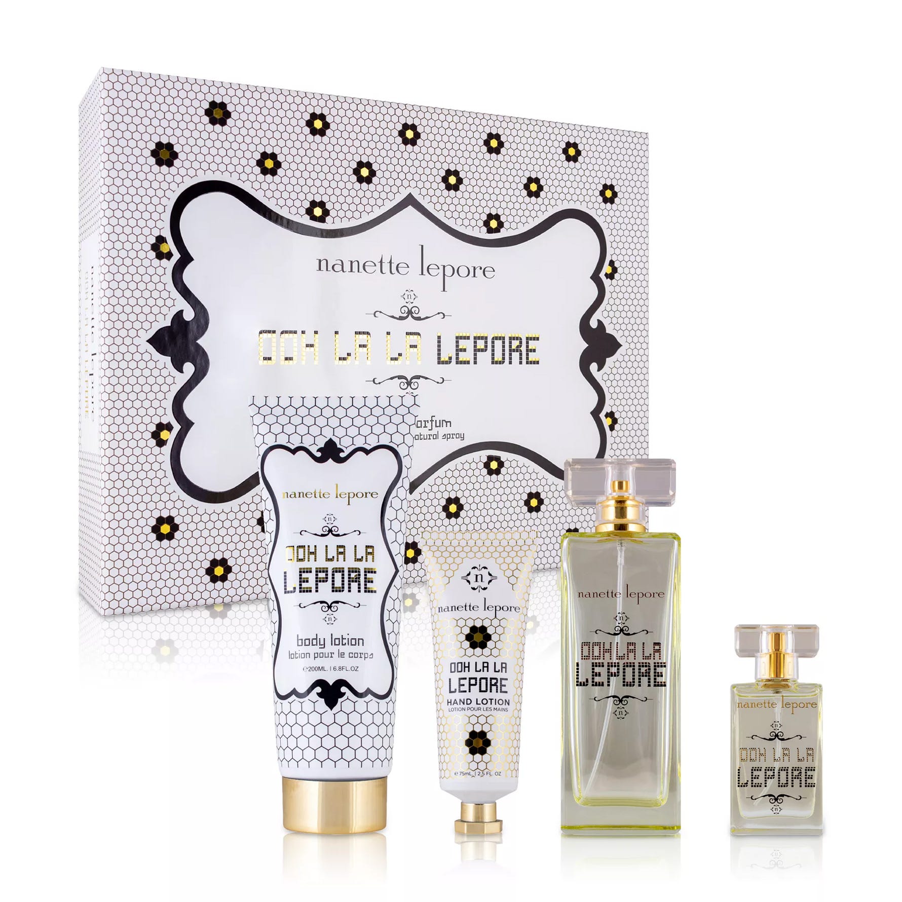 Nanette Lepore gift set includes Ooh La La Lepore items: eau de parfum spray, body lotion, and hand lotion, featuring a decorative box.