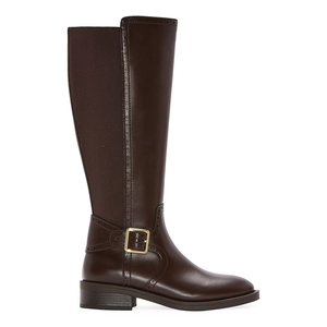 Brown knee-high boot with an elastic back panel and a buckle detail at the ankle.