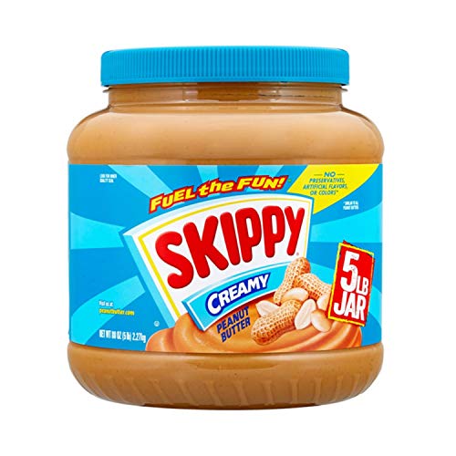 A large jar of Skippy Creamy Peanut Butter with a blue label, emphasizing its 5lb weight.
