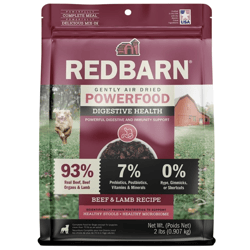 Redbarn Digestive Health Powerfood is a gently air-dried dog food with beef and lamb, containing 93% real beef, organs, and lamb, and 7% prebiotics, postbiotics, vitamins, and minerals. It supports digestive and immunity health and is made in the USA.