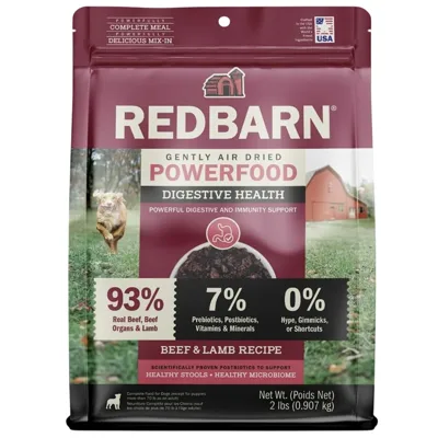 Redbarn Digestive Health Powerfood is a gently air-dried dog food with beef and lamb, containing 93% real beef, organs, and lamb, and 7% prebiotics, postbiotics, vitamins, and minerals. It supports digestive and immunity health and is made in the USA.