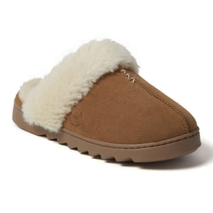 Brown suede slippers with plush white fur lining, featuring a durable sole and a cozy slip-on design.