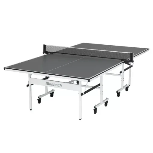 A Monarch table tennis table with a net, featuring a gray surface and a white frame equipped with wheels.