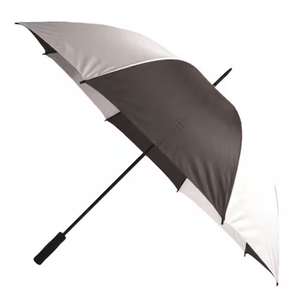A black and white golf umbrella with a straight handle and a large canopy.