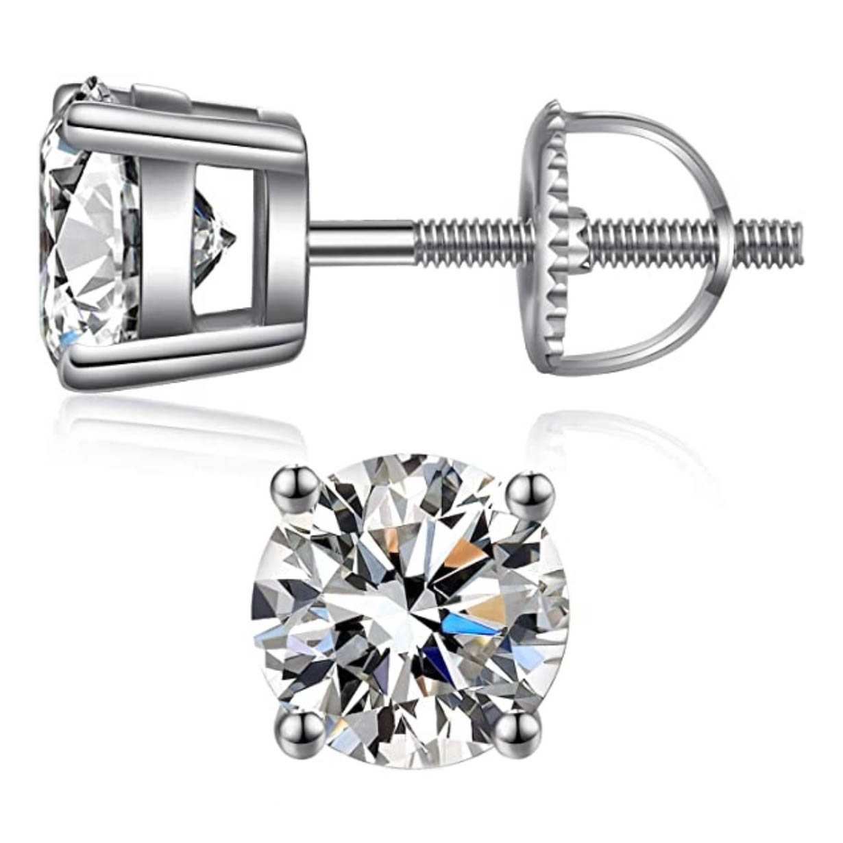 Sterling silver screw-back stud earrings featuring a round, clear gemstone set in a four-prong setting.