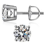 Sterling silver screw-back stud earrings featuring a round, clear gemstone set in a four-prong setting.