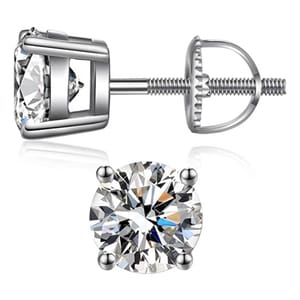 Sterling silver screw-back stud earrings featuring a round, clear gemstone set in a four-prong setting.