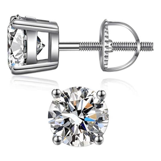 Sterling silver screw-back stud earrings featuring a round, clear gemstone set in a four-prong setting.