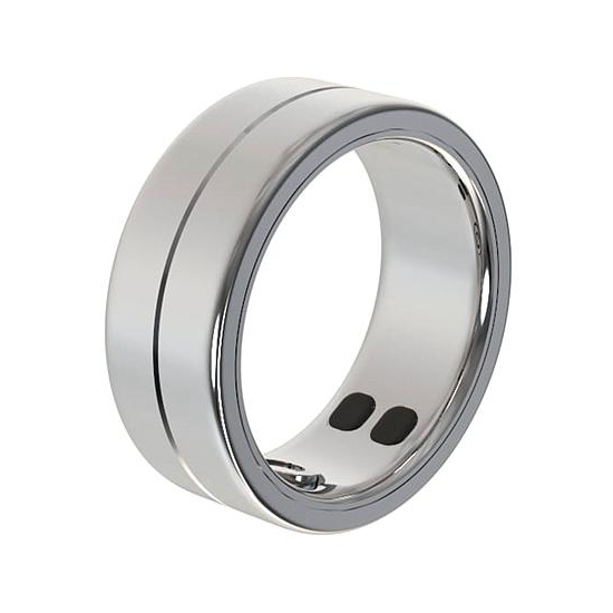 A silver-toned, metallic ring with a polished finish and a slight groove detail.