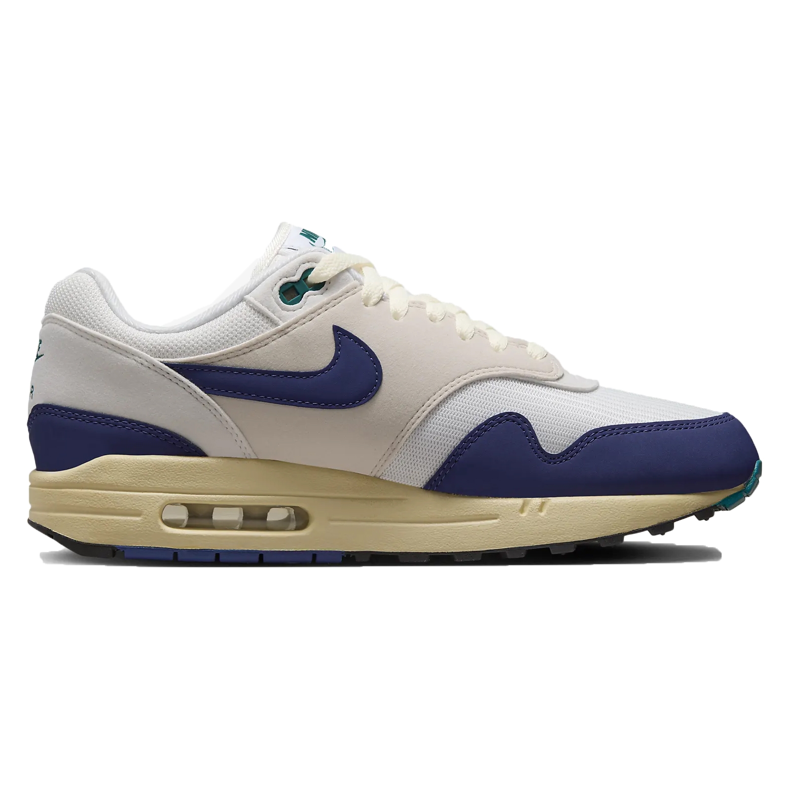 Nike Air Max 1 sneaker featuring a white and blue colorway with a visible air unit in the sole.