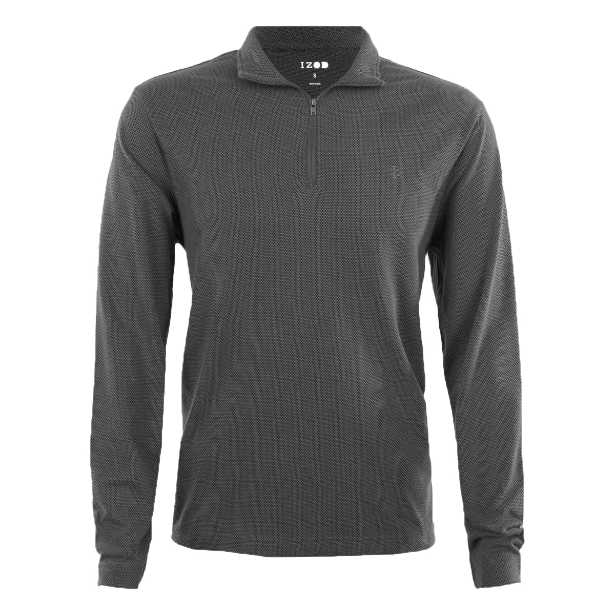 A gray, long-sleeve IZOD polo shirt with a textured pattern and a quarter-zip collar.