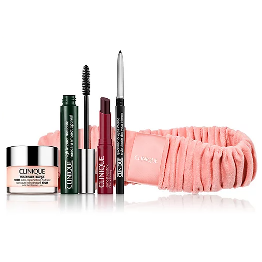 Clinique set with Moisture Surge 100H Auto-Replenishing Hydrator, High Impact Mascara, Almost Lipstick in Black Honey, Quickliner for Eyes, and a pink headband.