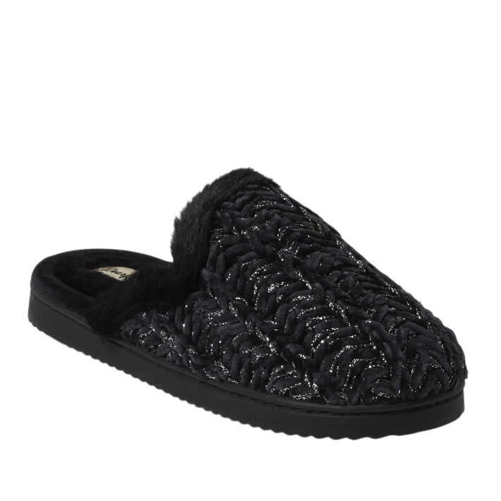 Black slip-on slipper with a fuzzy inner lining and a textured, sparkle-accented outer design.