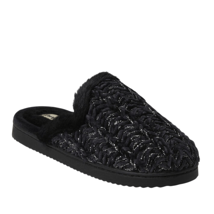 Black slip-on slipper with a fuzzy inner lining and a textured, sparkle-accented outer design.