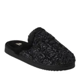 Black slip-on slipper with a fuzzy inner lining and a textured, sparkle-accented outer design.