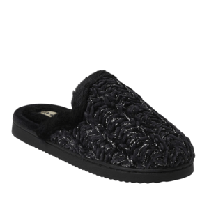 Black slip-on slipper with a fuzzy inner lining and a textured, sparkle-accented outer design.