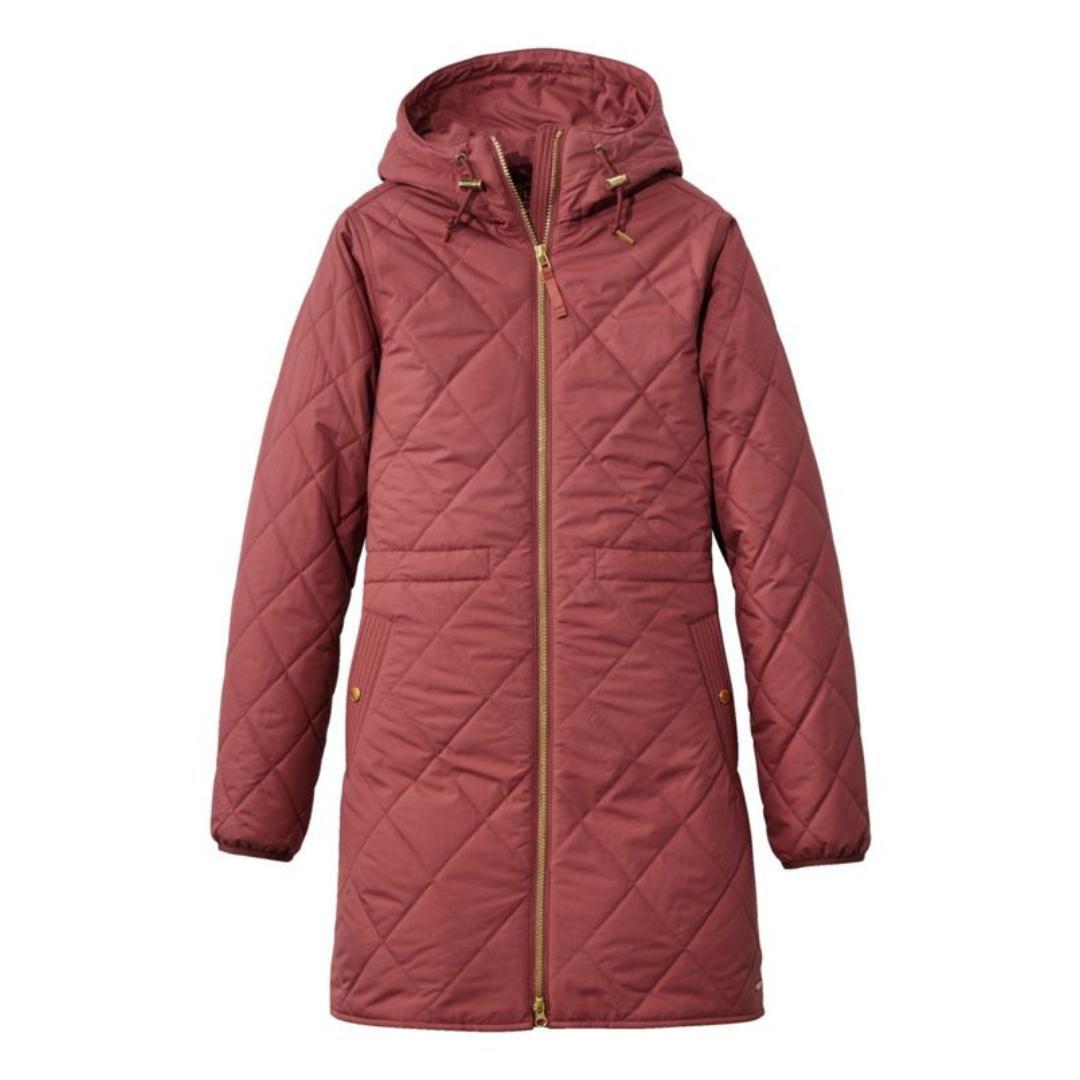 A quilted, rust-colored parka with a hood, featuring a front zipper and two side pockets.