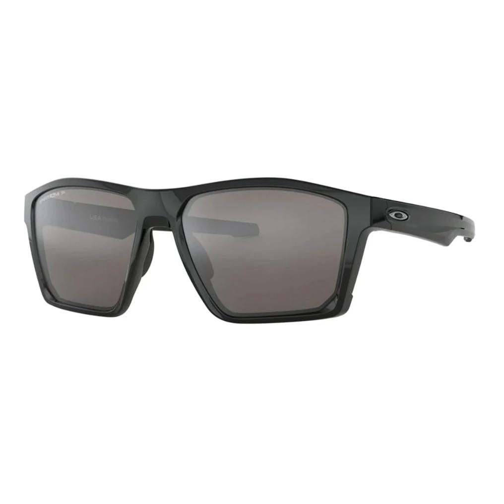 Rectangular black sunglasses with polarized lenses and a small logo on the temple.