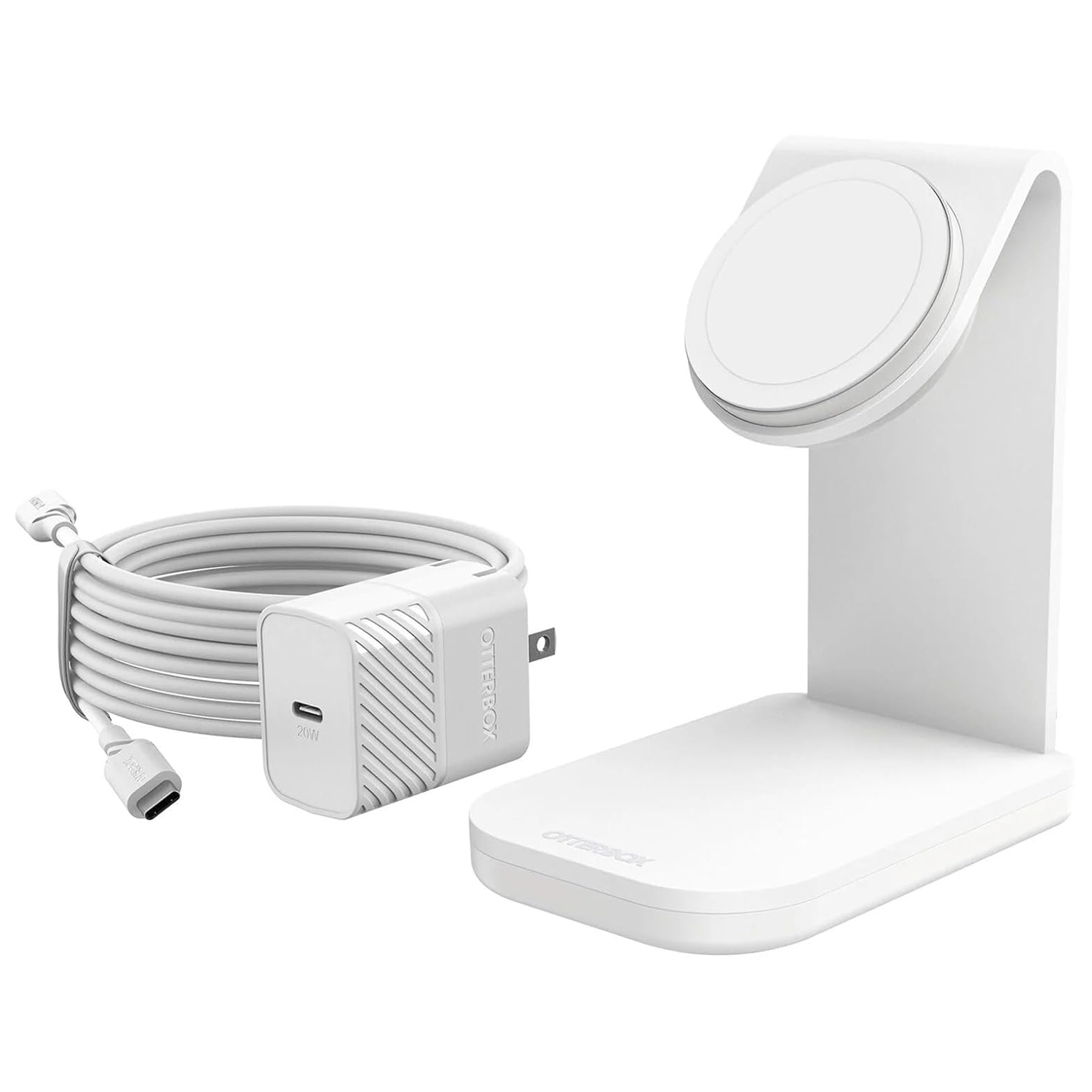 The OtterBox 15W MagSafe Wireless Charger includes a white charging stand compatible with MagSafe, along with a 20W USB-C wall adapter and a USB-C cable for power connection.