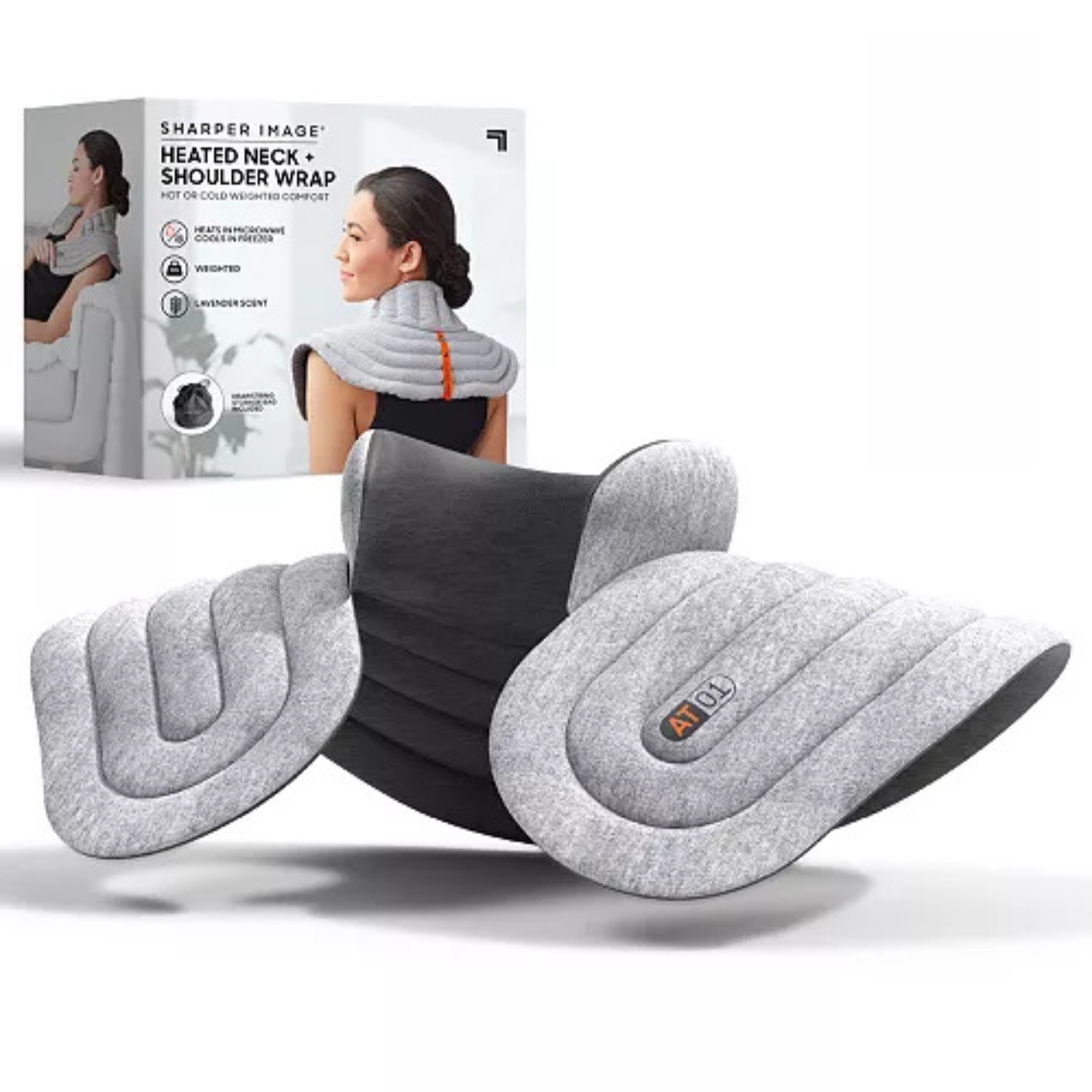 A gray heated neck and shoulder wrap with a contoured design and a power button on the front, alongside its packaging showing a woman wearing the wrap.