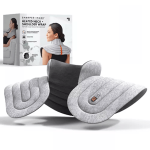 A gray heated neck and shoulder wrap with a contoured design and a power button on the front, alongside its packaging showing a woman wearing the wrap.