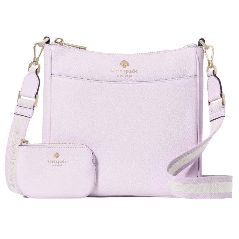 Light purple Kate Spade crossbody bag with a matching small pouch, featuring a striped adjustable strap and gold-tone hardware.