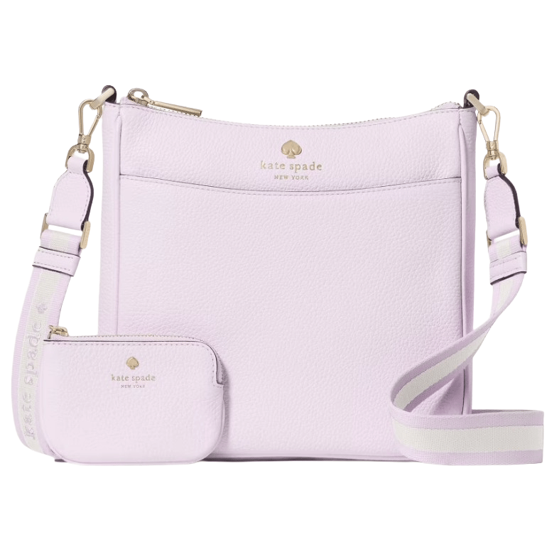 Light purple Kate Spade crossbody bag with a matching small pouch, featuring a striped adjustable strap and gold-tone hardware.