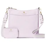 Light purple Kate Spade crossbody bag with a matching small pouch, featuring a striped adjustable strap and gold-tone hardware.