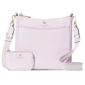 Light purple Kate Spade crossbody bag with a matching small pouch, featuring a striped adjustable strap and gold-tone hardware.