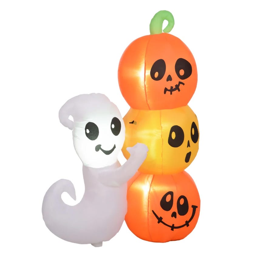 Inflatable Halloween decoration featuring a smiling white ghost hugging a stack of three orange jack-o'-lanterns with various facial expressions.