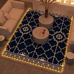 A modern living space features a dark blue rug with geometric patterns, illuminated by string lights around its border, accompanied by light-colored sofas and two round tables with decorative items.