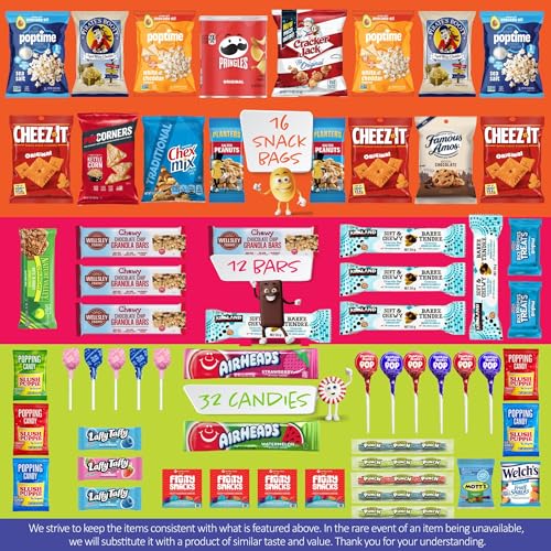 A snack variety pack featuring 16 snack bags (popcorn, chips, nut mix), 12 bars (granola, protein), and 32 candies (lollipops, Airheads, Tootsie Rolls).