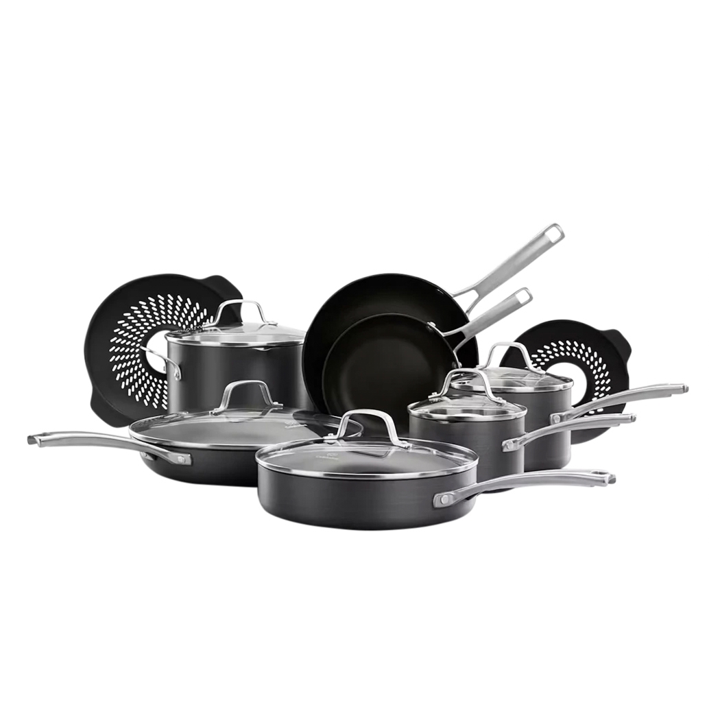 Calphalon 14pc Cookware Set includes various pots and pans with glass lids. The set is made of hard-anodized nonstick material, featuring ergonomic handles for easy handling and two round strainers.
