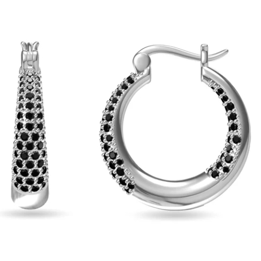 Silver hoop earrings adorned with rows of small black stones, featuring a hinged latch closure.