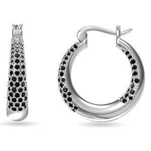 Silver hoop earrings adorned with rows of small black stones, featuring a hinged latch closure.