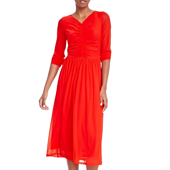 The On 34th Ruched-Mesh Midi Dress features a vibrant red color with a v-neckline, ruched detailing on the bodice, and three-quarter sleeves. It has a flowing A-line skirt that falls to a midi length.