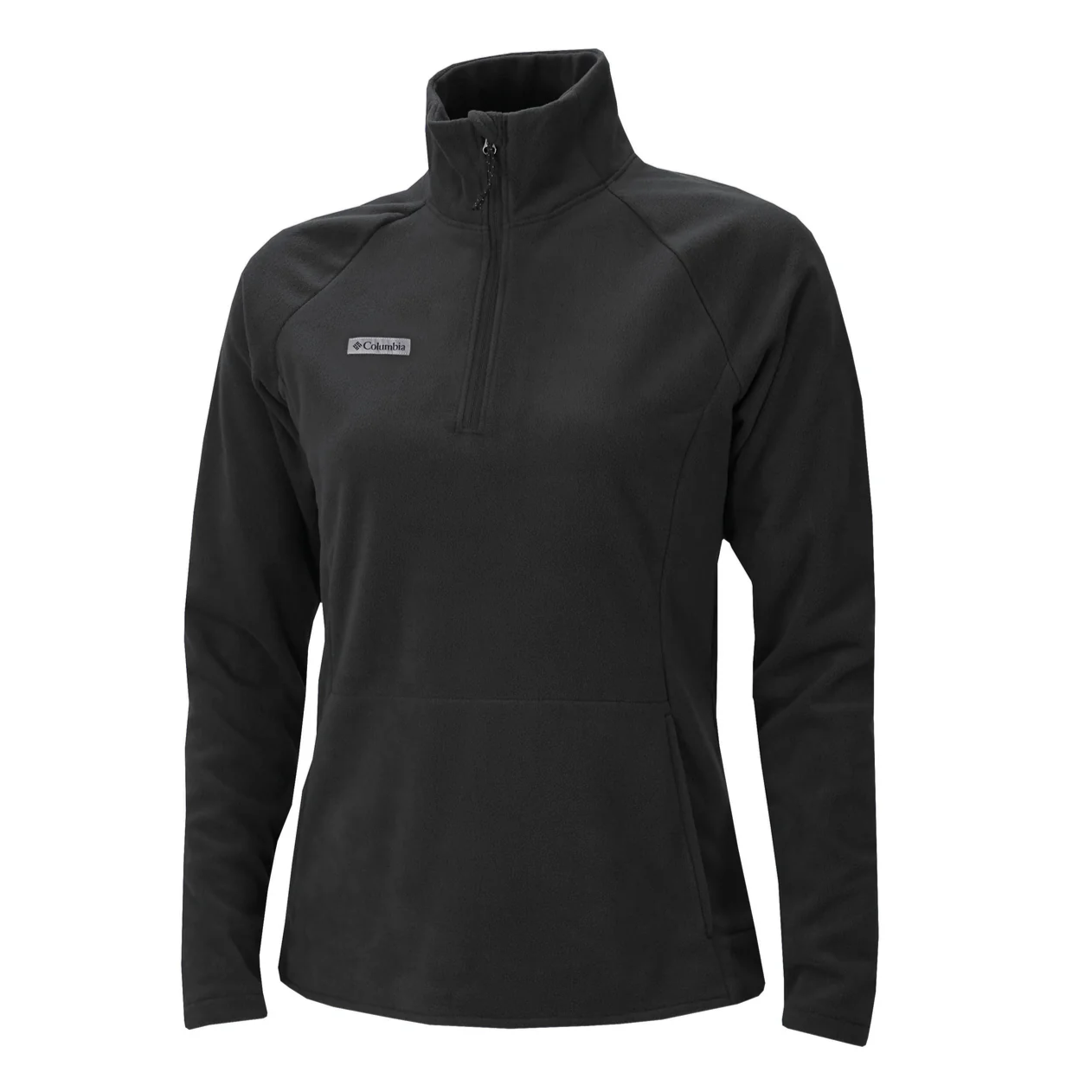 A black Columbia half-zip fleece pullover with long sleeves, featuring a small logo on the chest.
