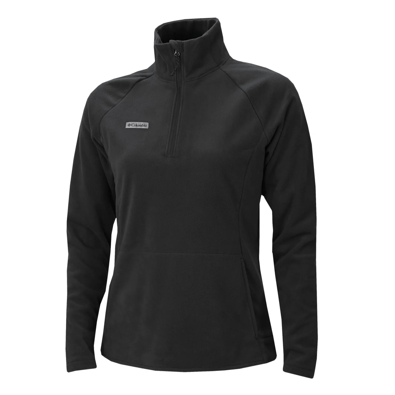 A black Columbia half-zip fleece pullover with long sleeves, featuring a small logo on the chest.