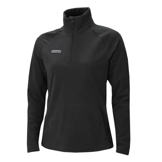 A black Columbia half-zip fleece pullover with long sleeves, featuring a small logo on the chest.