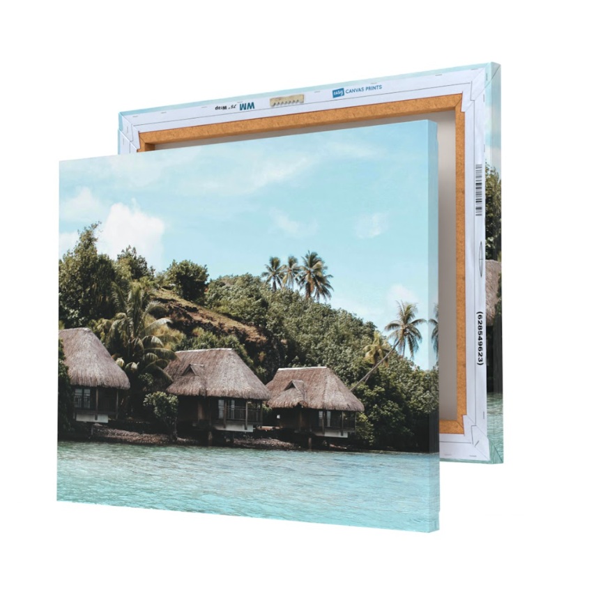 A set of two canvas prints depicting tropical huts over water. The prints feature vibrant colors and a peaceful natural setting, with lush greenery and vibrant blue water.