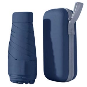 A compact, collapsible umbrella with a matching zippered carrying case, both in a dark blue color.