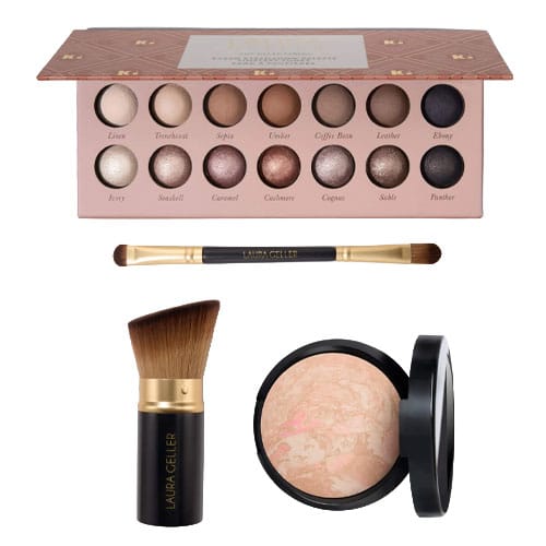An eyeshadow palette featuring twelve shades, a double-ended brush, a kabuki brush, and a baked powder compact.