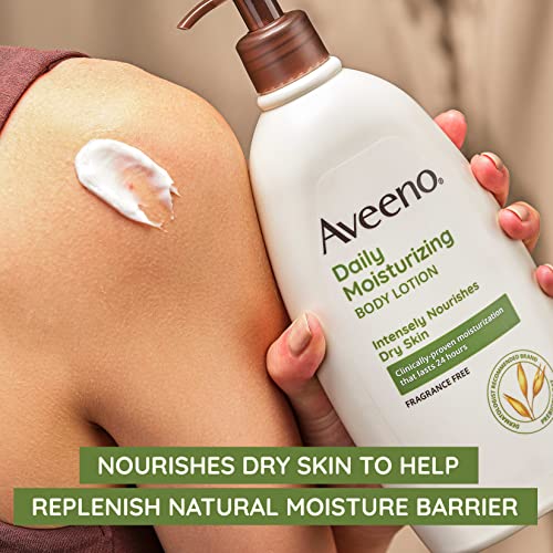 Aveeno Daily Moisturizing Body Lotion for dry skin, fragrance-free formula that intensely nourishes and helps replenish the natural moisture barrier.