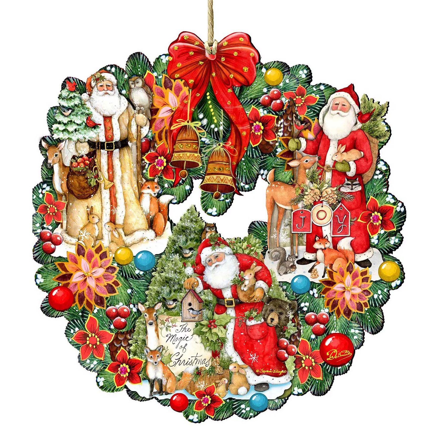 A festive Christmas wreath featuring multiple Santas, woodland animals, flowers, and ornaments, accented with a prominent red bow and bells.