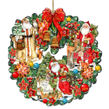 A festive Christmas wreath featuring multiple Santas, woodland animals, flowers, and ornaments, accented with a prominent red bow and bells.