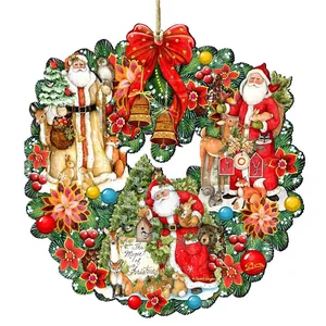A festive Christmas wreath featuring multiple Santas, woodland animals, flowers, and ornaments, accented with a prominent red bow and bells.