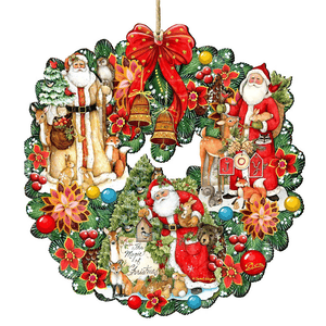 A festive Christmas wreath featuring multiple Santas, woodland animals, flowers, and ornaments, accented with a prominent red bow and bells.