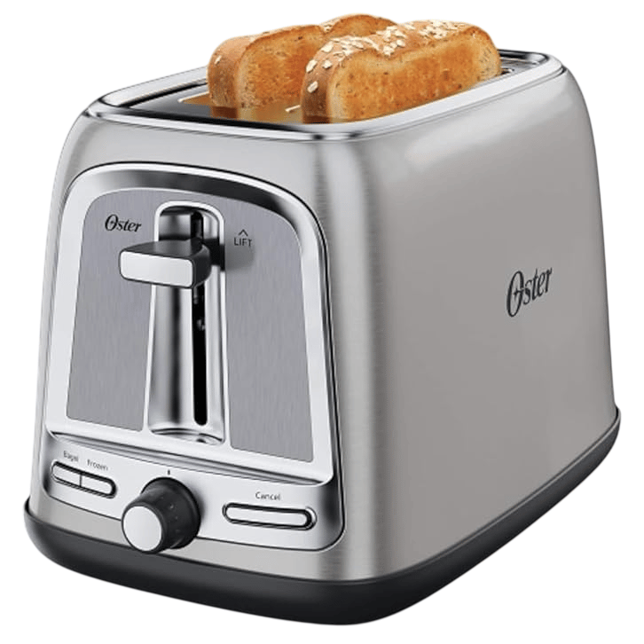 A stainless steel Oster toaster with two slices of bread, featuring bagel, frozen, and cancel functions, along with an adjustable browning control knob.