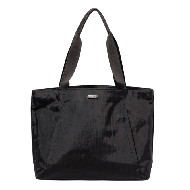 Black tote bag with dual handles and a textured shiny finish, featuring a small metallic brand logo on the front.