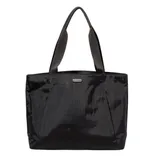 Black tote bag with dual handles and a textured shiny finish, featuring a small metallic brand logo on the front.